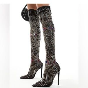 From Azalea Wang, the Chevelle Stretch Mesh Rhinestone Thigh High Dress Boots